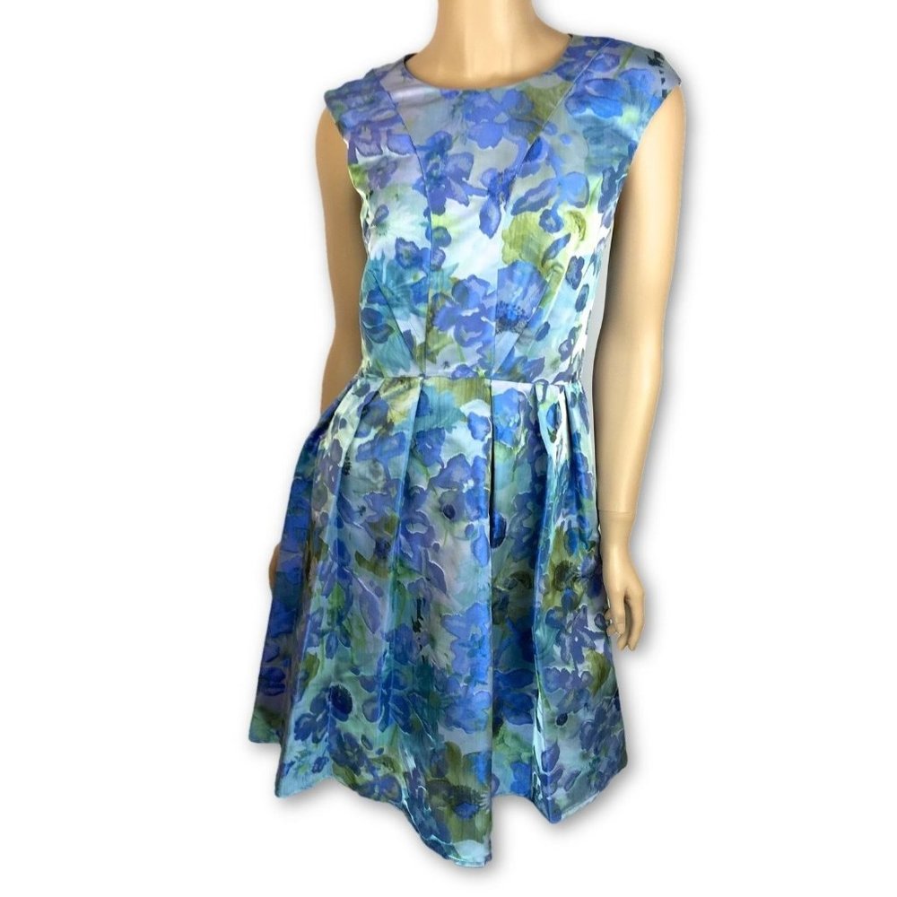 ABS Size 8 Sleeveless Dress Blue Floral Print Pleated Skirt Fit & Flare MSRP$460